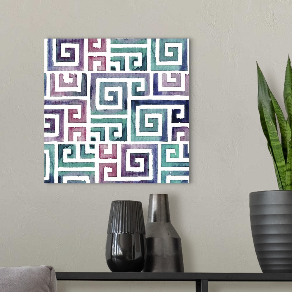 A modern room featuring Originally a watercolor of geometric watercolor tribal patterns.