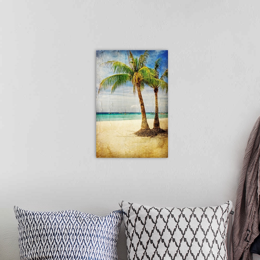A bohemian room featuring Tropical beach - artwork in painting style.