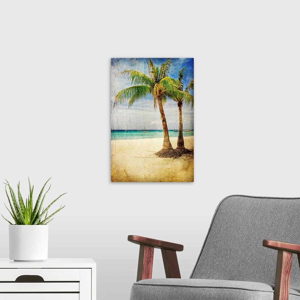 A modern room featuring Tropical beach - artwork in painting style.