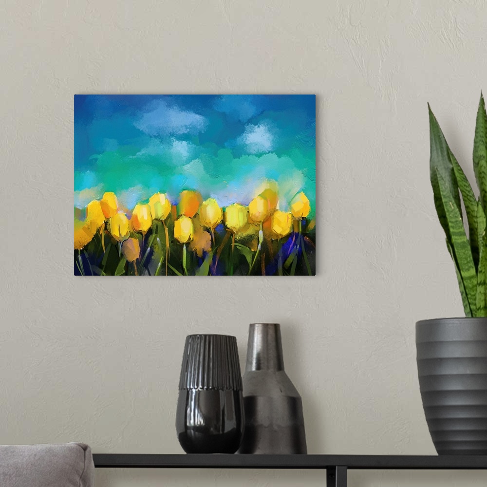 A modern room featuring Tulips flowers. Originally an abstract flower digital painting.