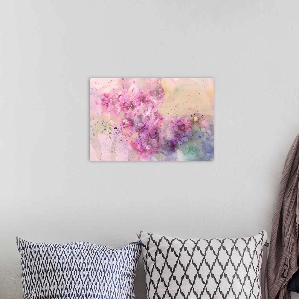 A bohemian room featuring Twig of lilac flowers and watercolor splashes.
