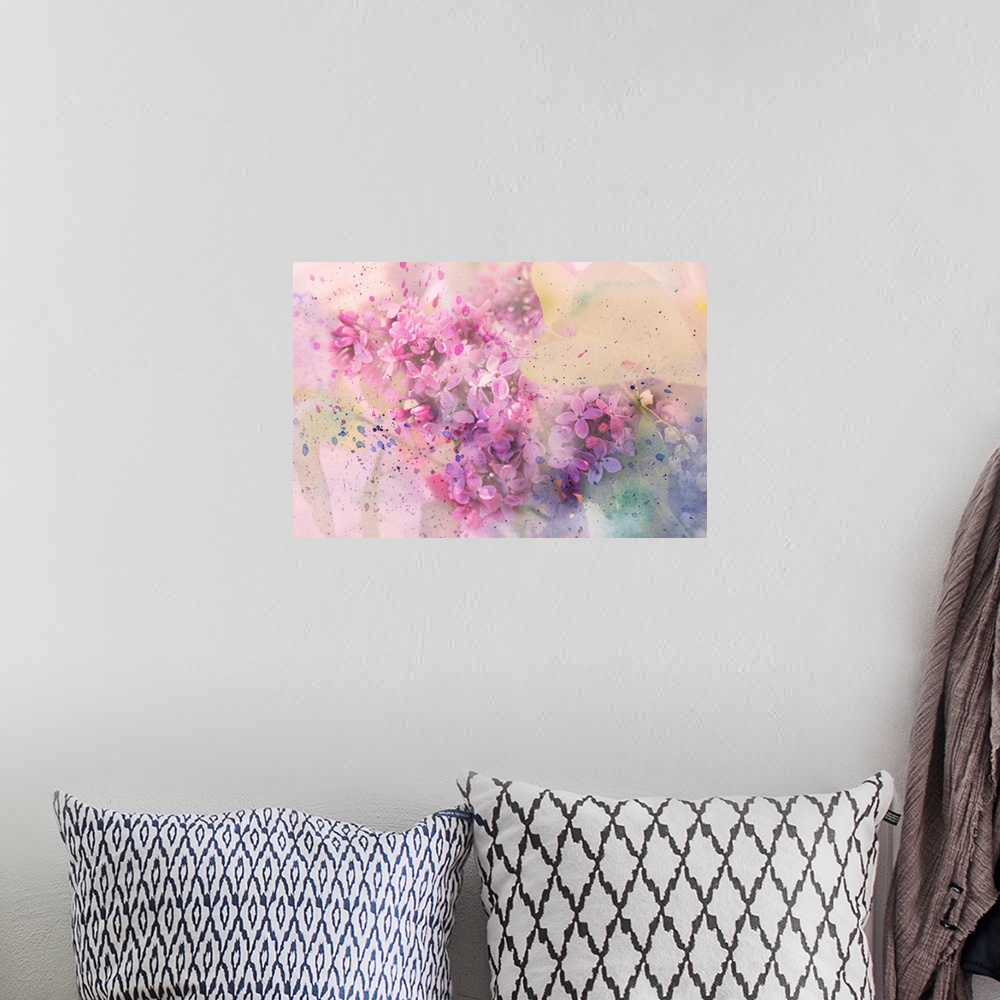 A bohemian room featuring Twig of lilac flowers and watercolor splashes.