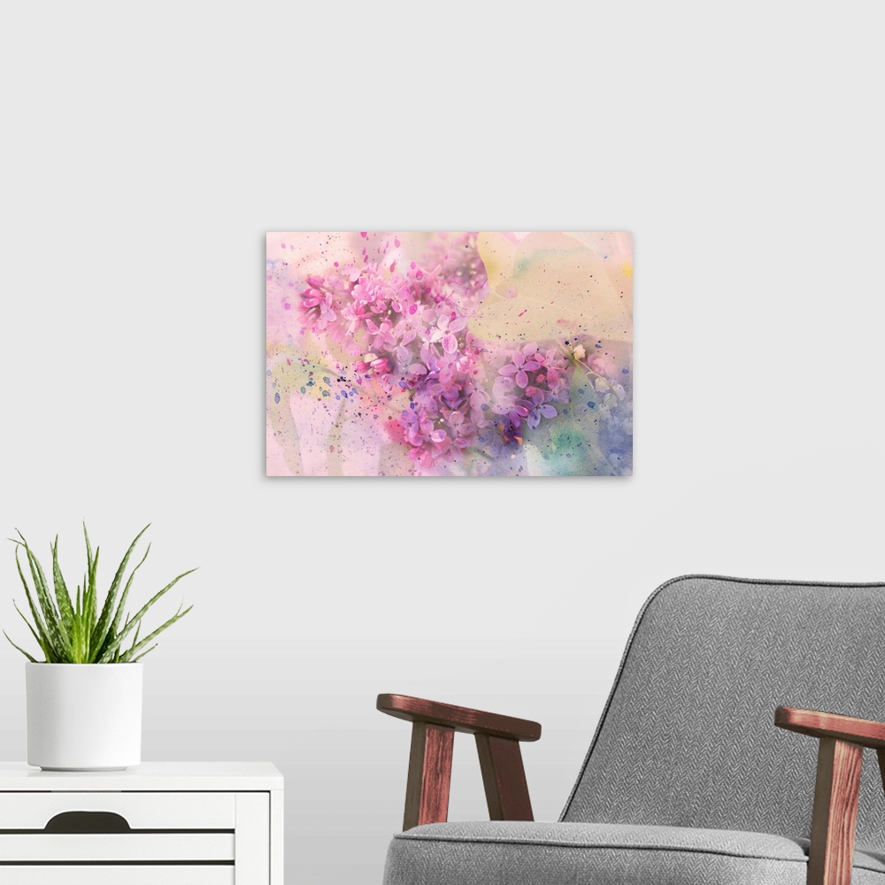 A modern room featuring Twig of lilac flowers and watercolor splashes.