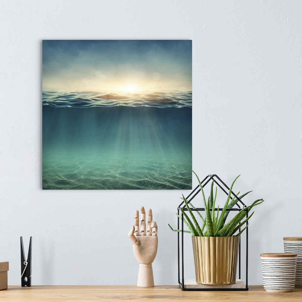 A bohemian room featuring Abstract underwater artwork with sunbeams.
