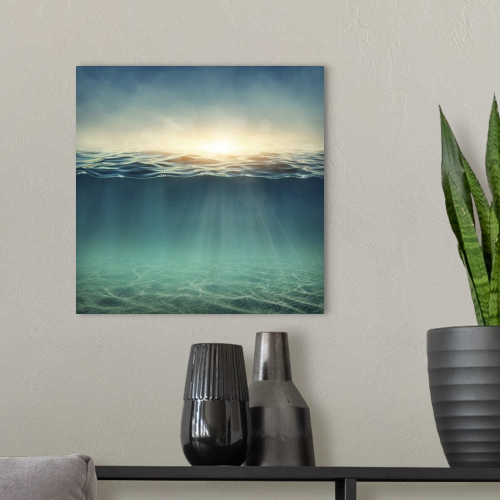 A modern room featuring Abstract underwater artwork with sunbeams.