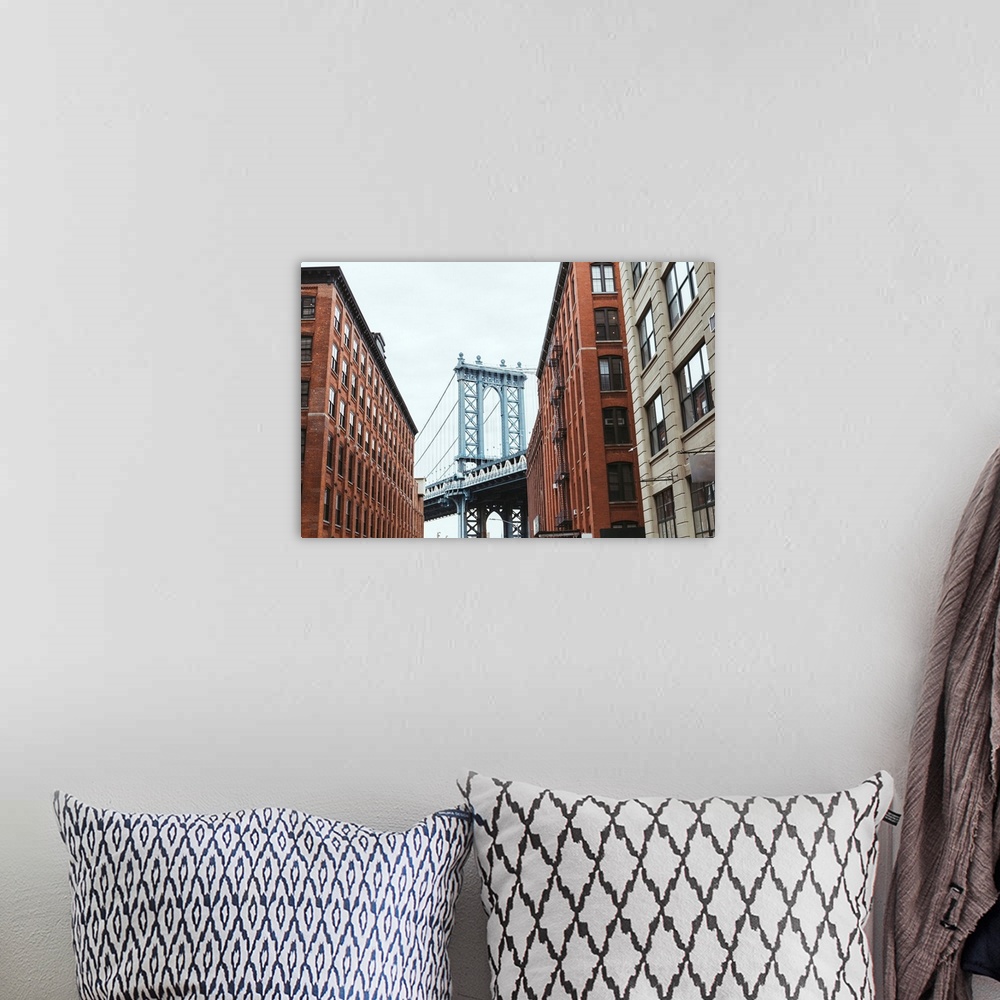 A bohemian room featuring Urban Scene With Buildings And Brooklyn Bridge In New York City