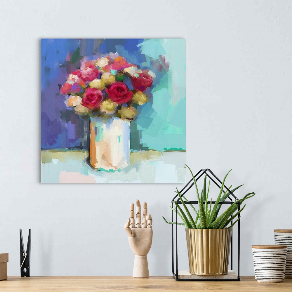 A bohemian room featuring Vase with still life a bouquet of flowers. Originally an oil painting.