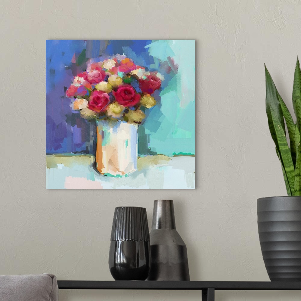 A modern room featuring Vase with still life a bouquet of flowers. Originally an oil painting.