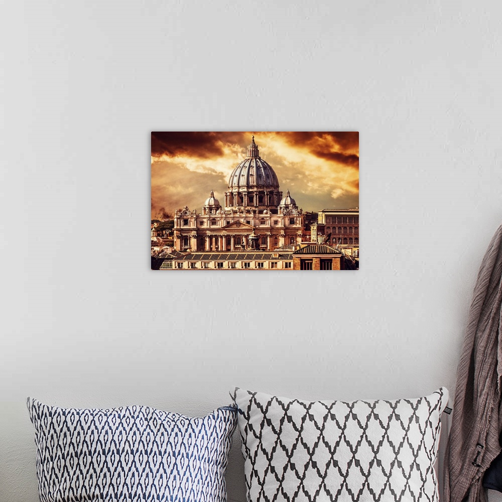 A bohemian room featuring Beautiful cityscape of the Vatican city by sunset.