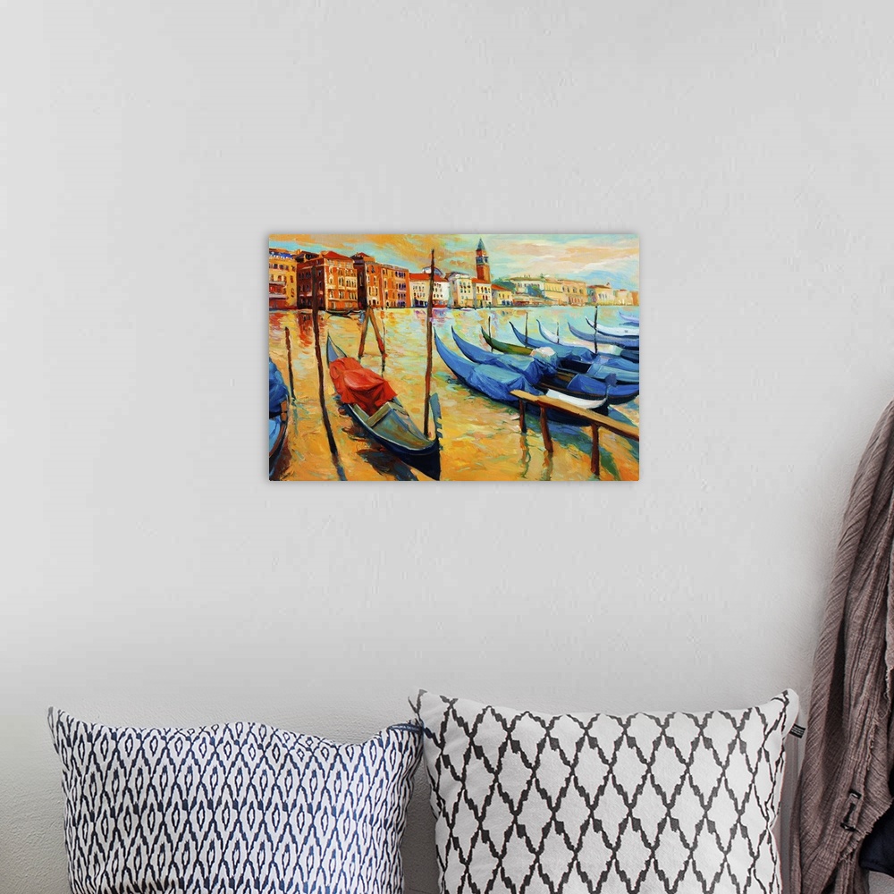 A bohemian room featuring Originally an oil painting of beautiful Venice, Italy at sunset. Gondolas and houses. Modern impr...