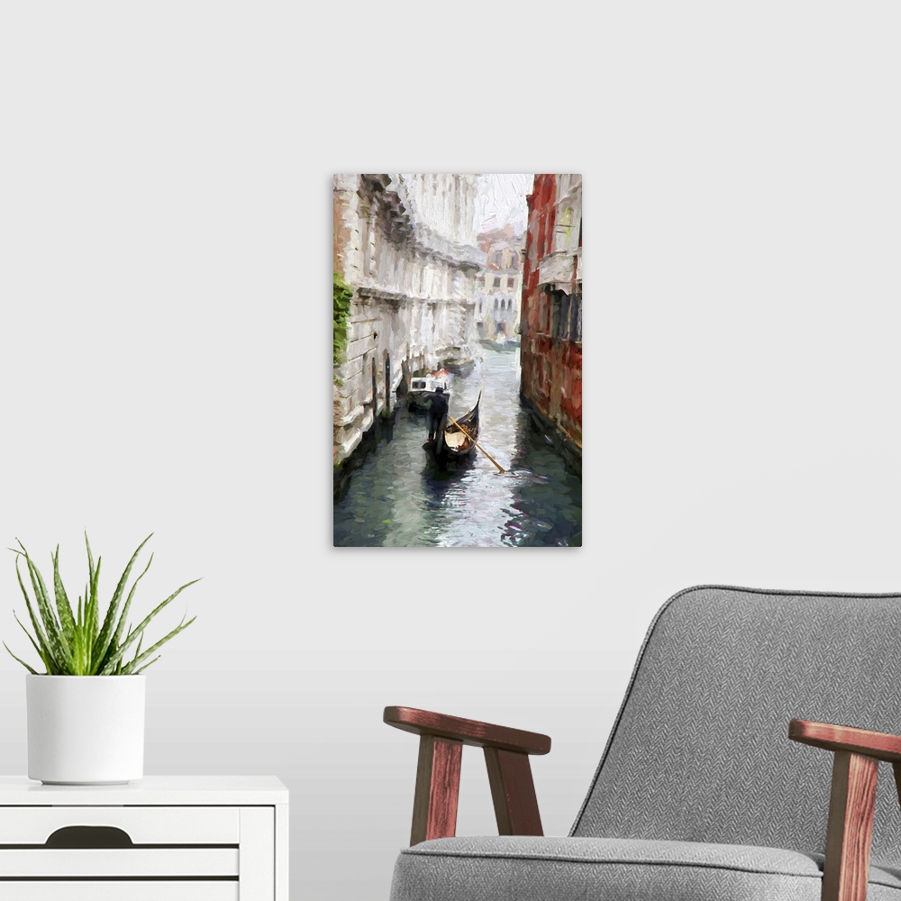 A modern room featuring Venice with gondolas on grand canal, Italy. Originally an oil painting.