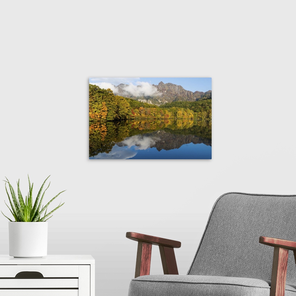 A modern room featuring View Of Togakushis Lake With Colorful Trees In Autumn