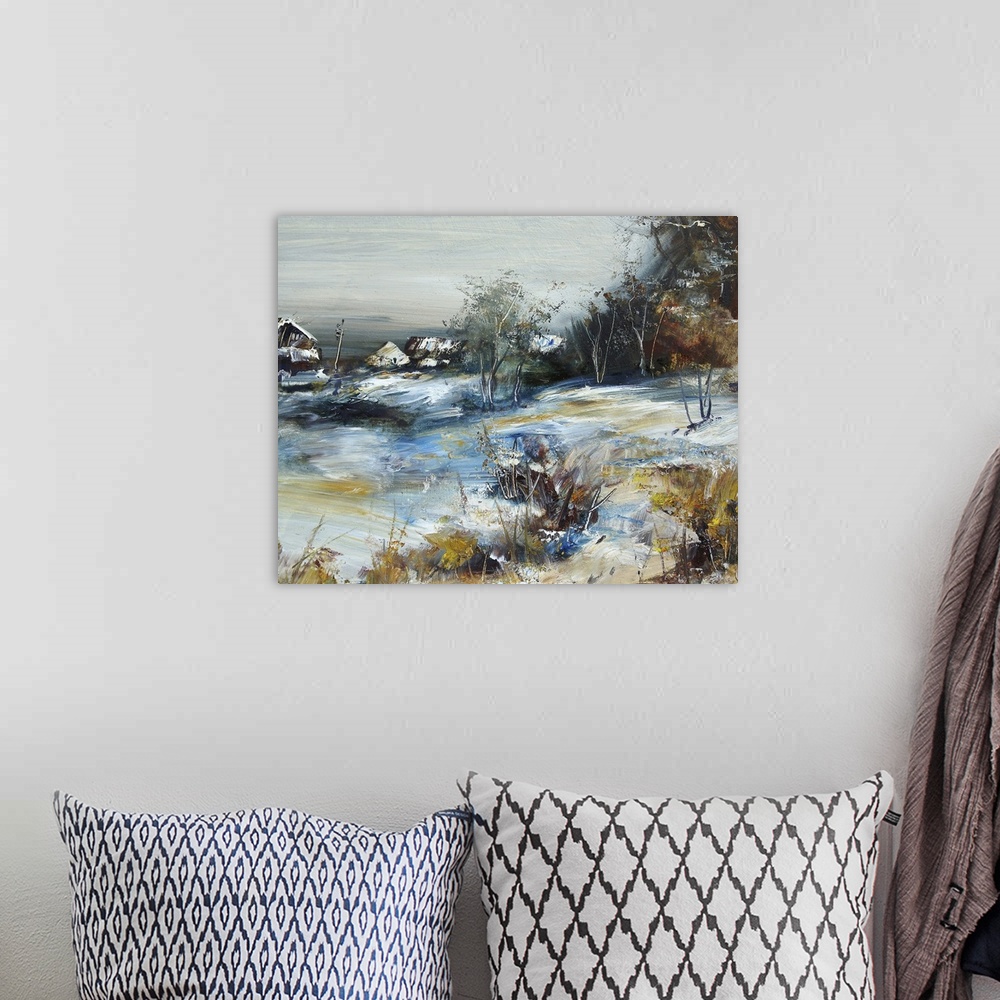 A bohemian room featuring Village in winter, originally an oil painting/illustration.