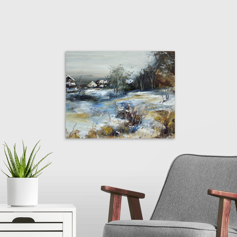 A modern room featuring Village in winter, originally an oil painting/illustration.