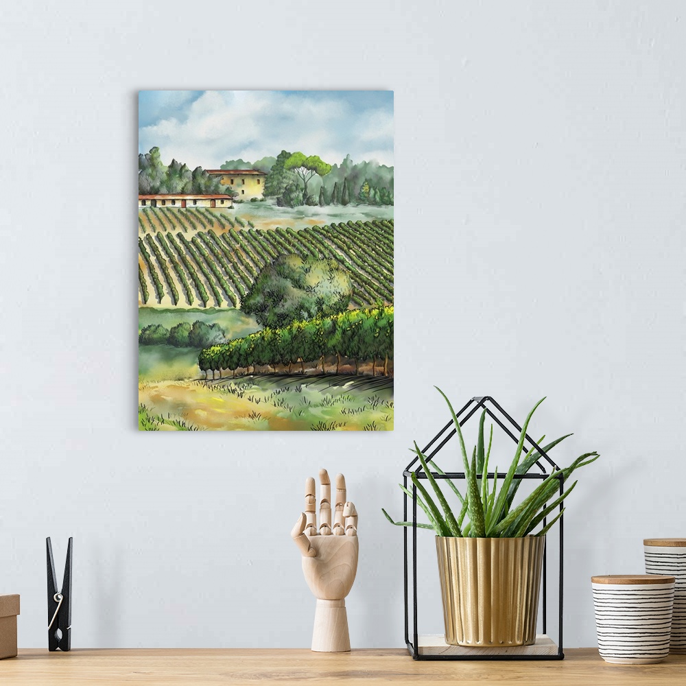 A bohemian room featuring Beautiful vineyards landscape. Originally a digital watercolor.