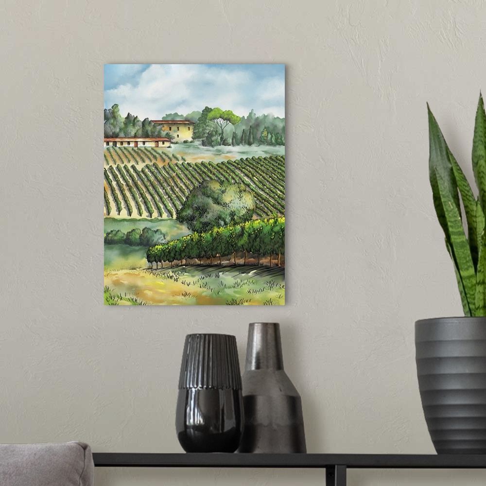 A modern room featuring Beautiful vineyards landscape. Originally a digital watercolor.