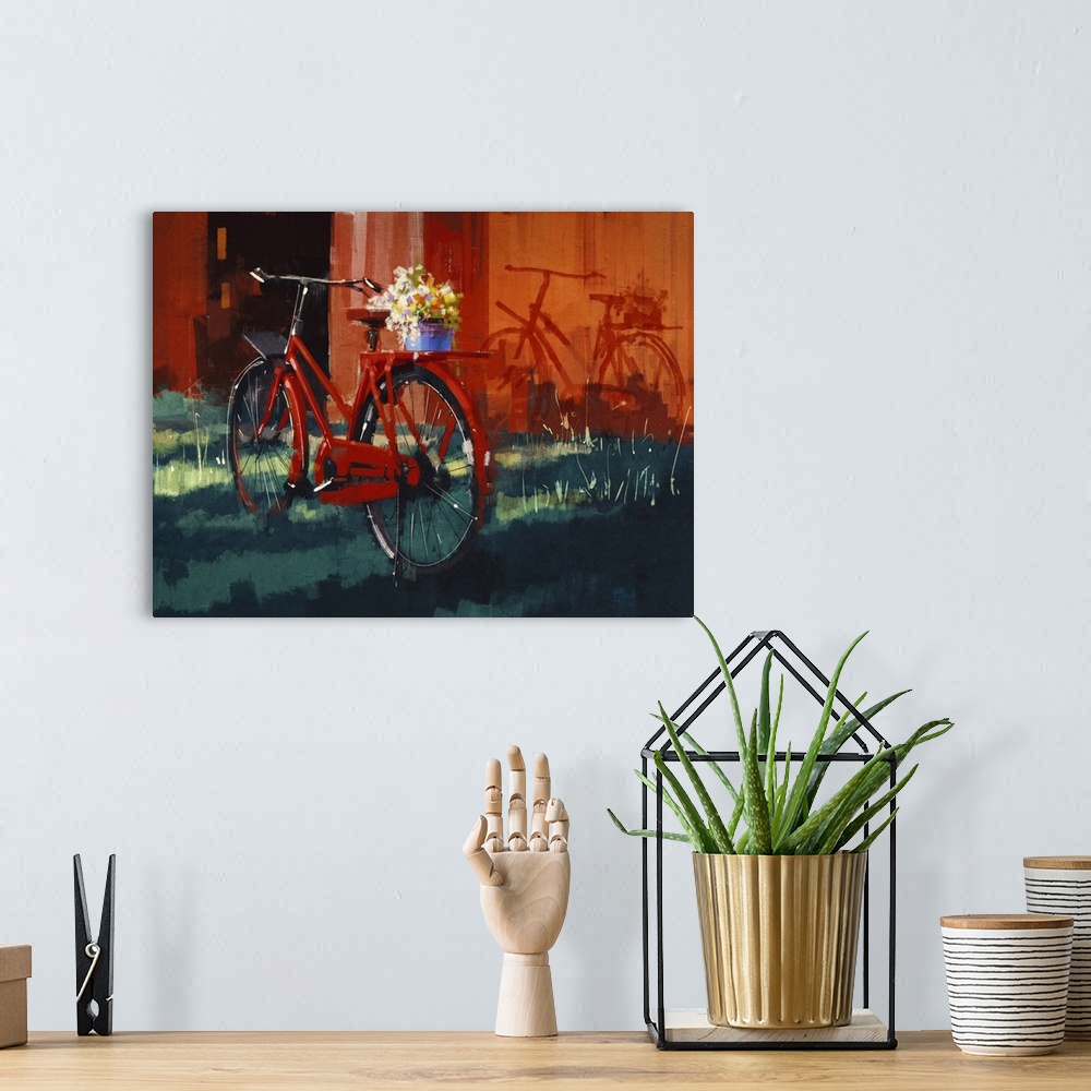 A bohemian room featuring Originally a painting of vintage bicycle with bucket full of flowers.