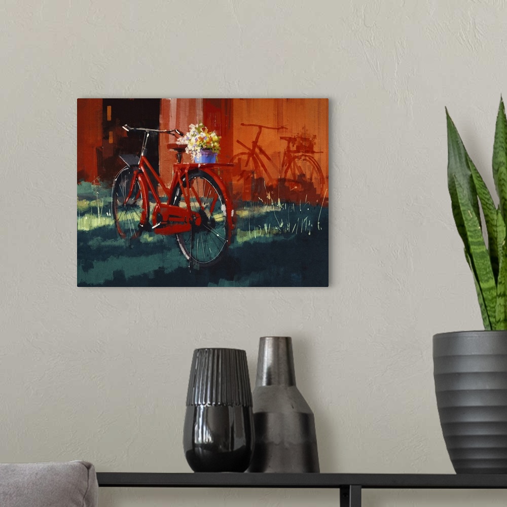 A modern room featuring Originally a painting of vintage bicycle with bucket full of flowers.