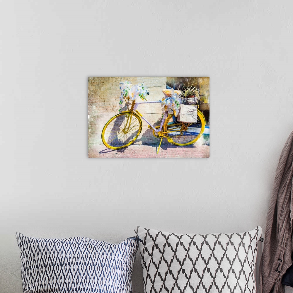 A bohemian room featuring Street decoration with bike and flowers.