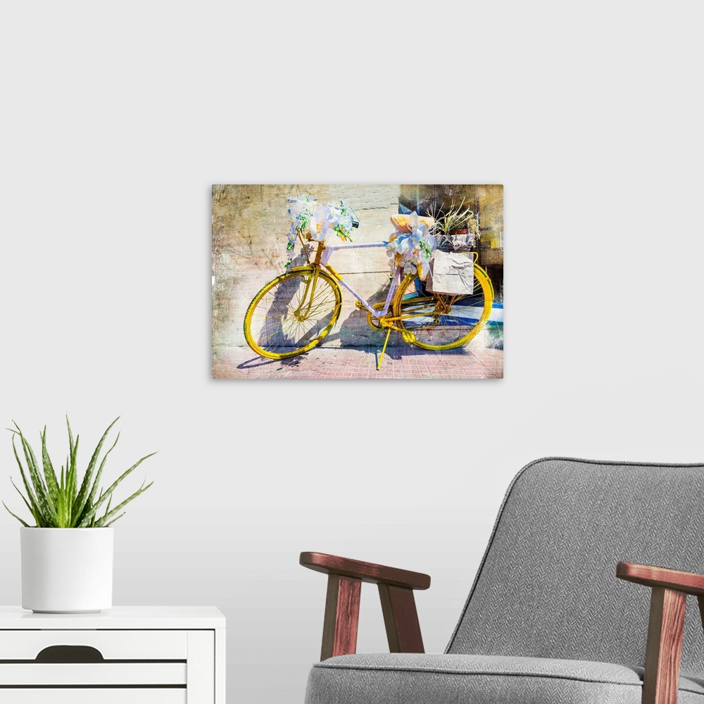 A modern room featuring Street decoration with bike and flowers.