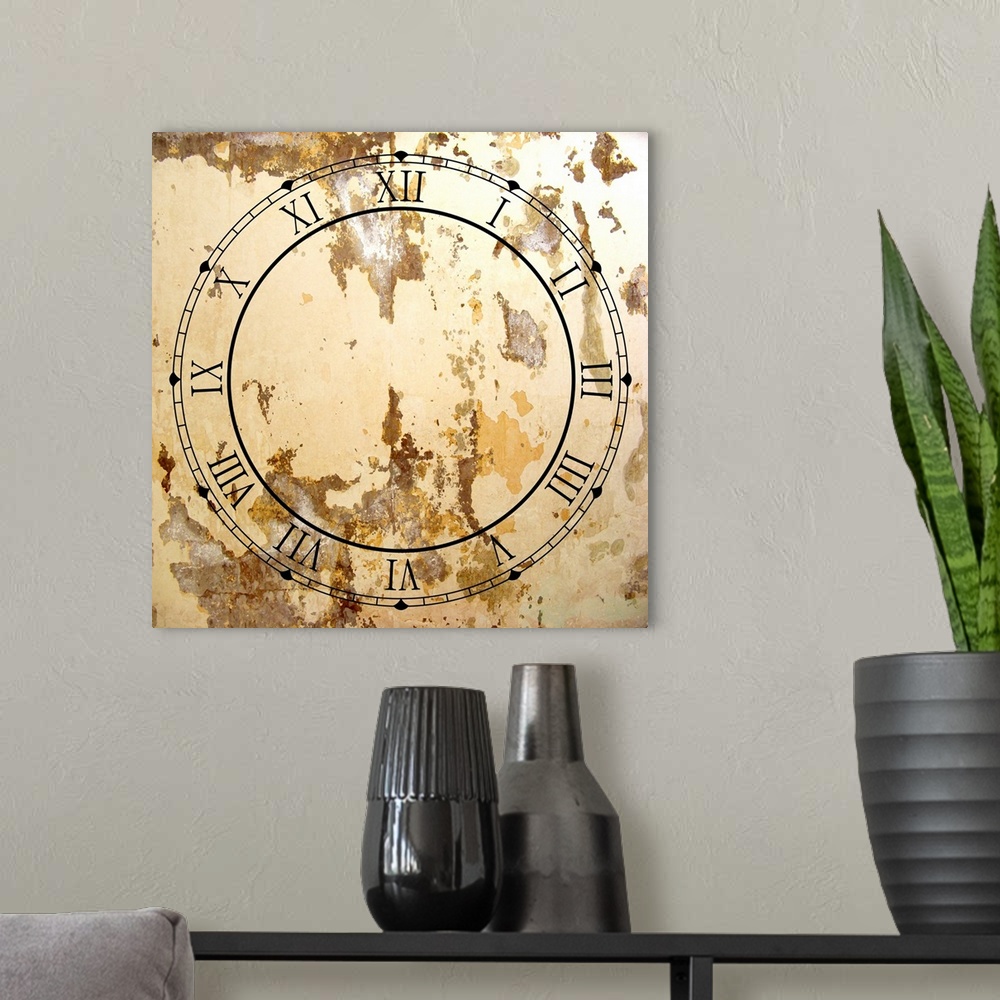 A modern room featuring Illustrated clock face with roman numerals and grunge texture.