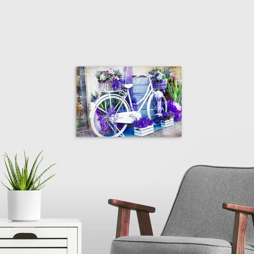 A modern room featuring Beautiful street decoration with bike and flowers.