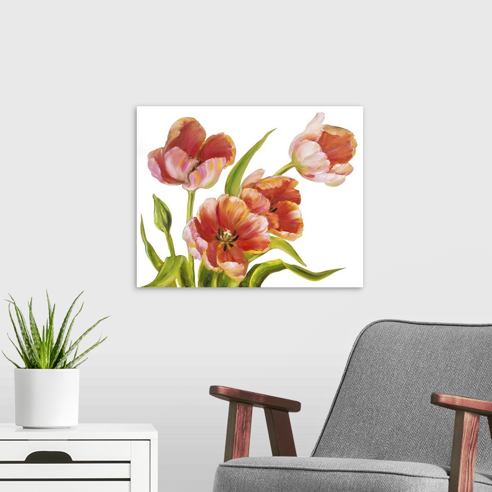 A modern room featuring Vintage red tulips isolated on white. Originally an oil painting.