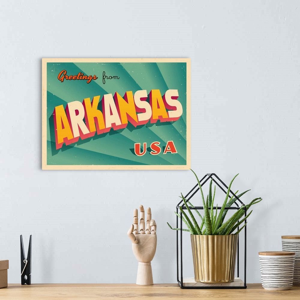 A bohemian room featuring Vintage touristic greeting card - Arkansas.