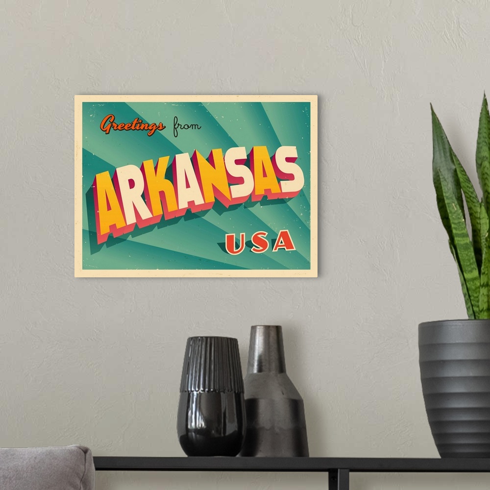 A modern room featuring Vintage touristic greeting card - Arkansas.