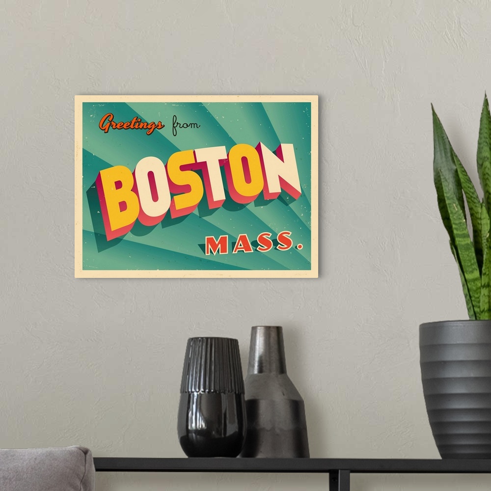 A modern room featuring Vintage touristic greeting card - Boston, Massachusetts.