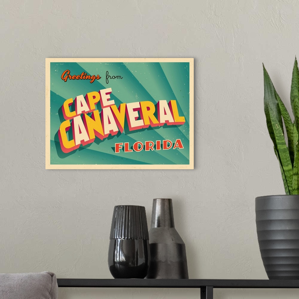 A modern room featuring Vintage touristic greeting card - Cape Canaveral, Florida.