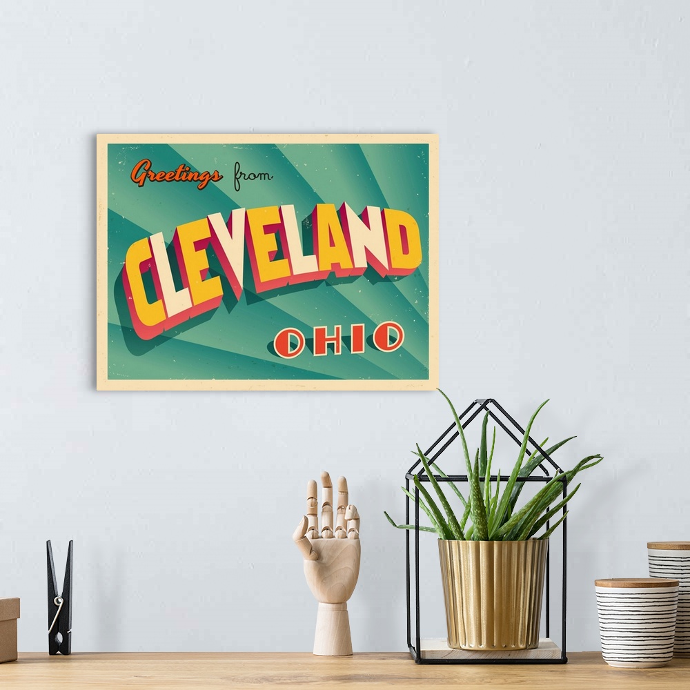 A bohemian room featuring Vintage touristic greeting card - Cleveland.