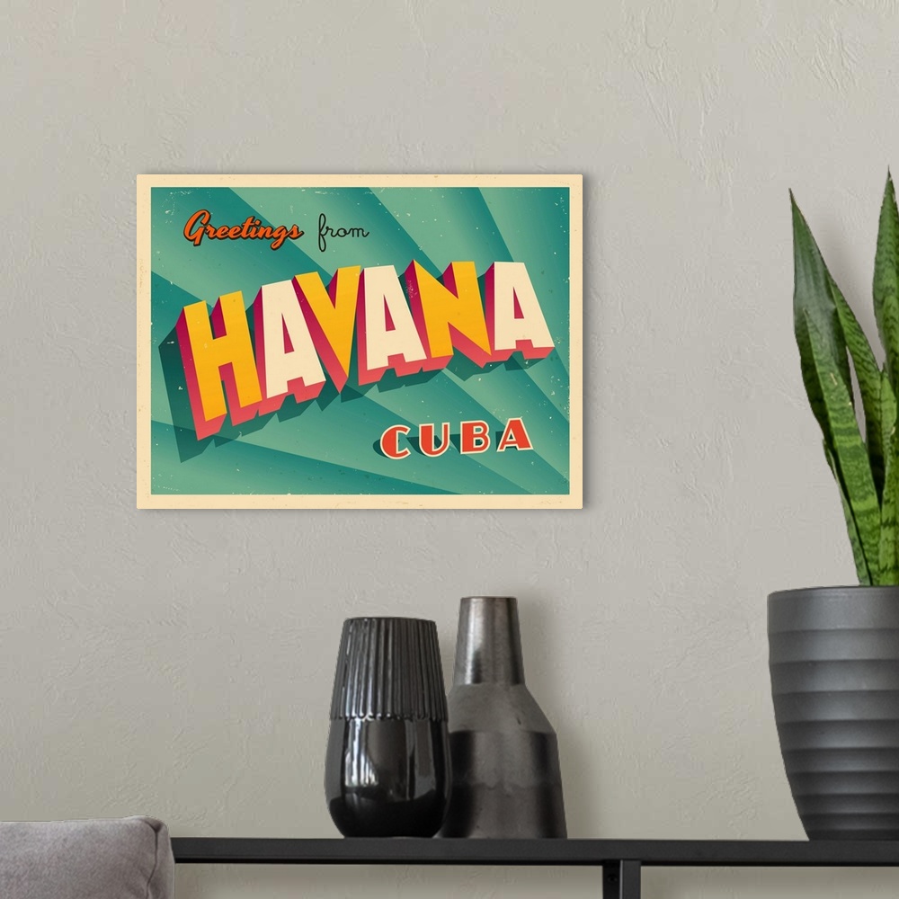 A modern room featuring Vintage touristic greeting card - Havana, Cuba.
