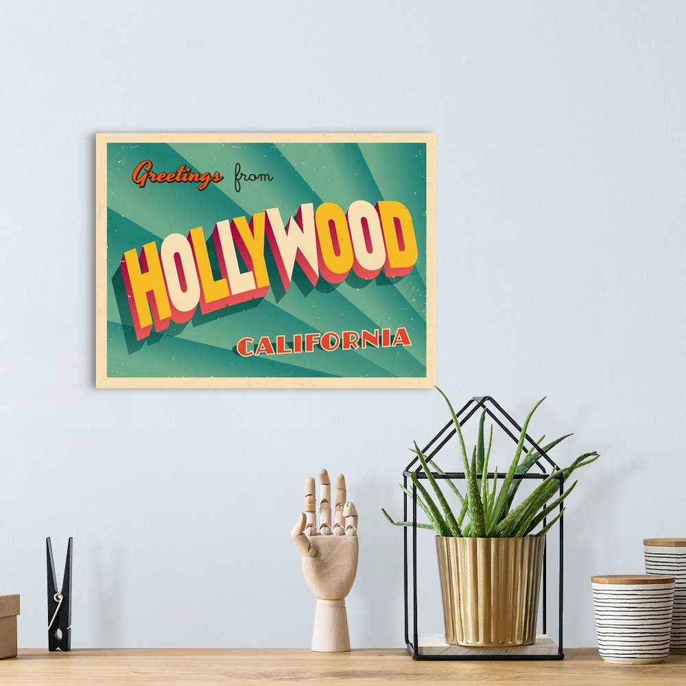 A bohemian room featuring Vintage touristic greeting card - Hollywood, California.