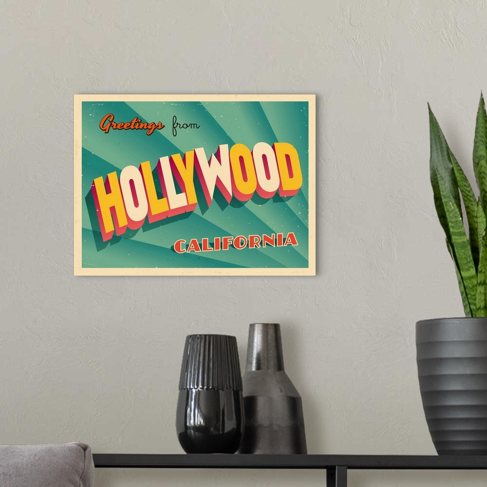 A modern room featuring Vintage touristic greeting card - Hollywood, California.
