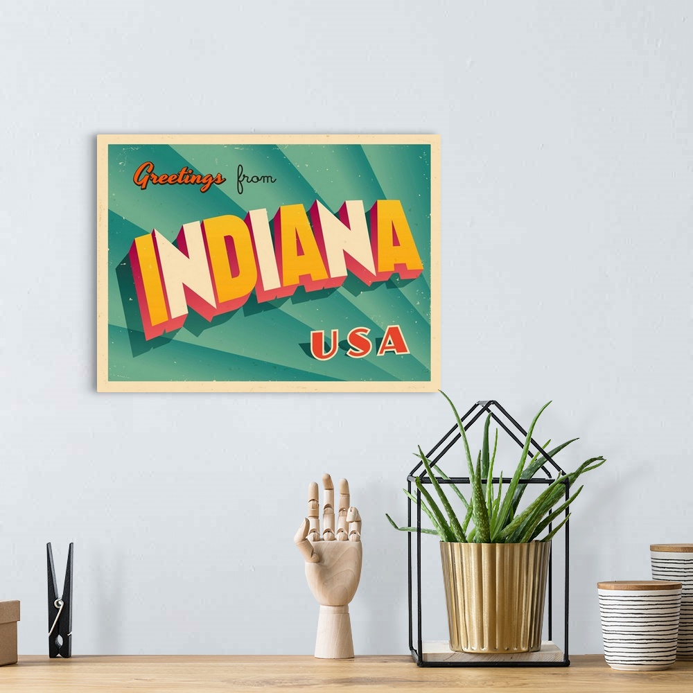A bohemian room featuring Vintage touristic greeting card - Indiana.