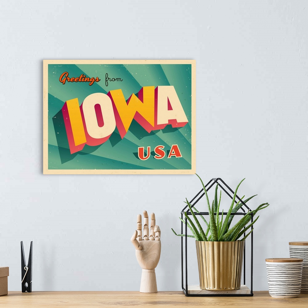 A bohemian room featuring Vintage touristic greeting card - Iowa.