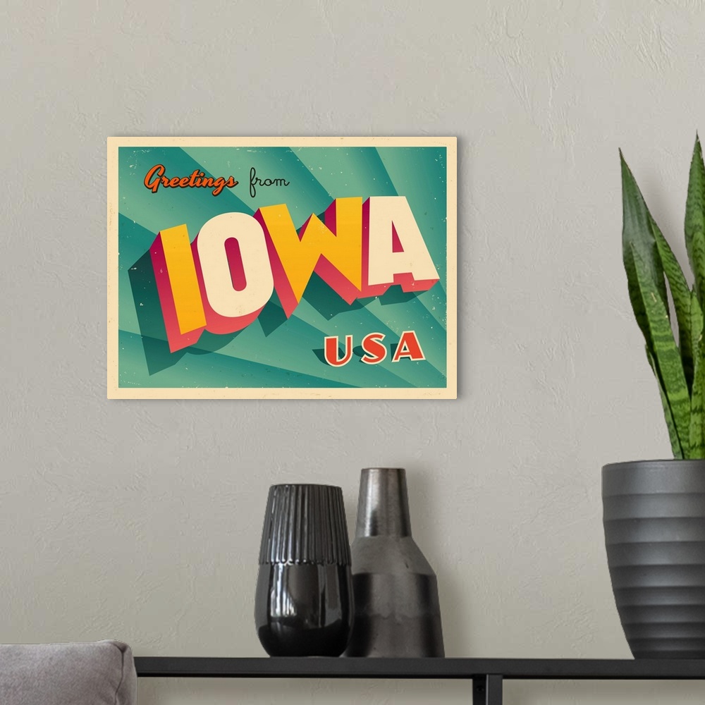 A modern room featuring Vintage touristic greeting card - Iowa.