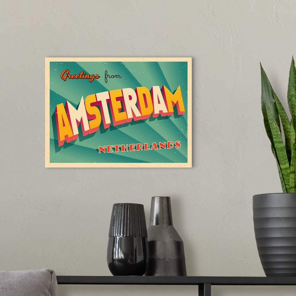 A modern room featuring Vintage touristic greeting card - Key West, Amsterdam.