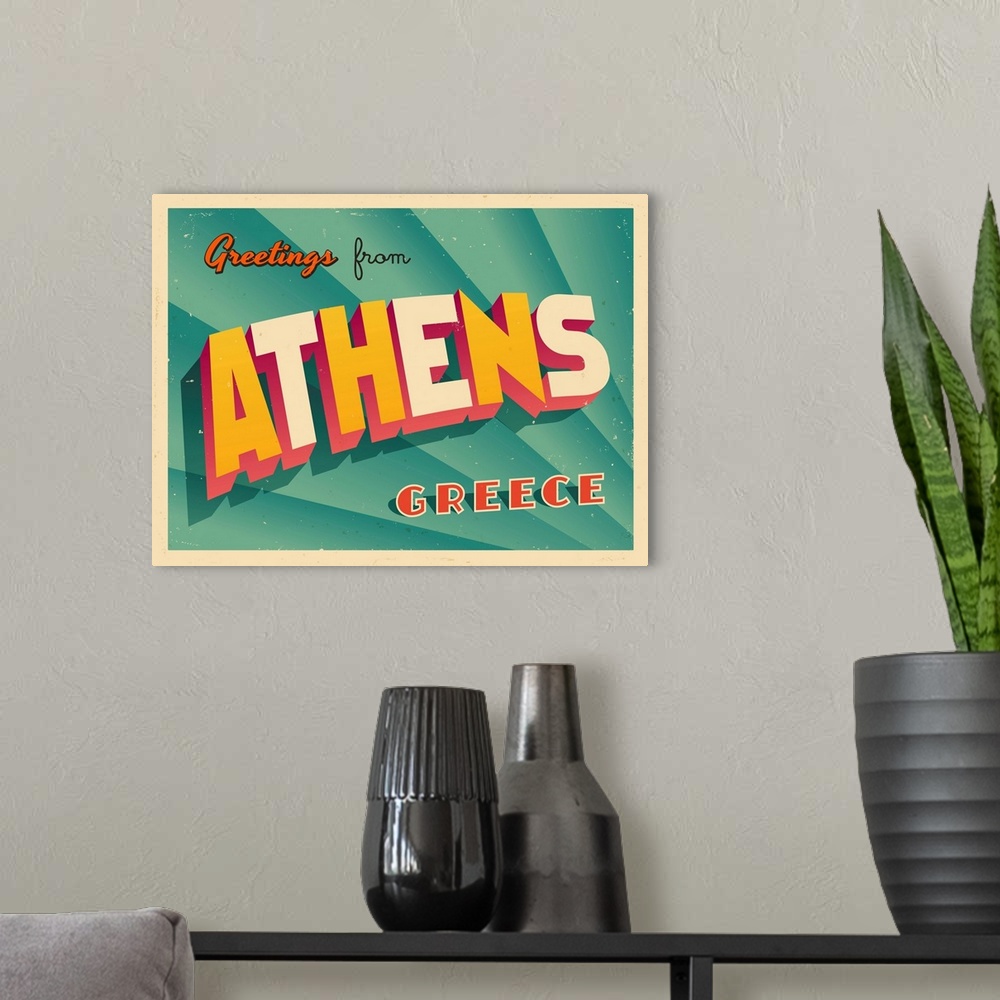 A modern room featuring Vintage touristic greeting card - Key West, Athens.