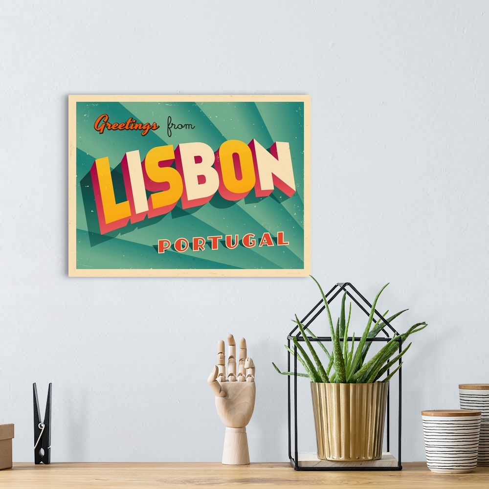 A bohemian room featuring Vintage touristic greeting card - Lisbon, Portugal.
