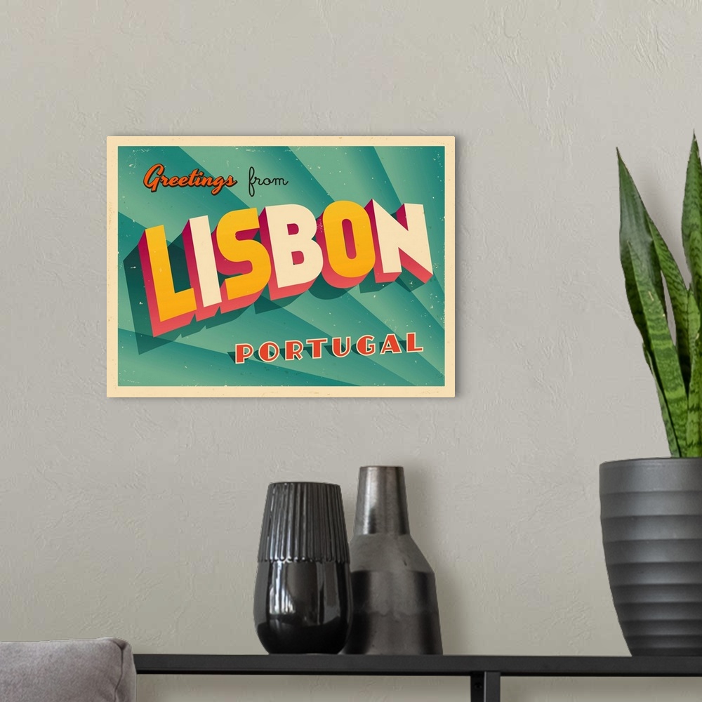 A modern room featuring Vintage touristic greeting card - Lisbon, Portugal.