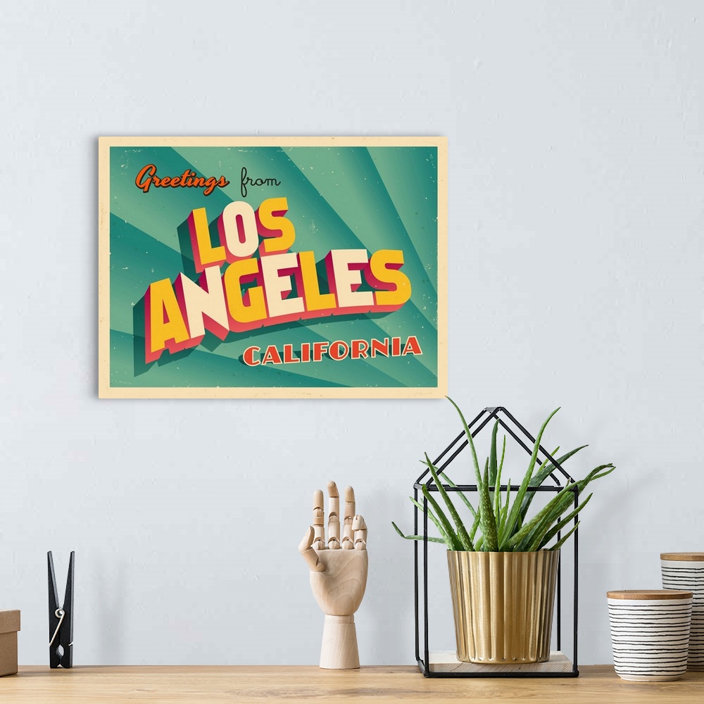 A bohemian room featuring Vintage touristic greeting card - Los Angeles, California.