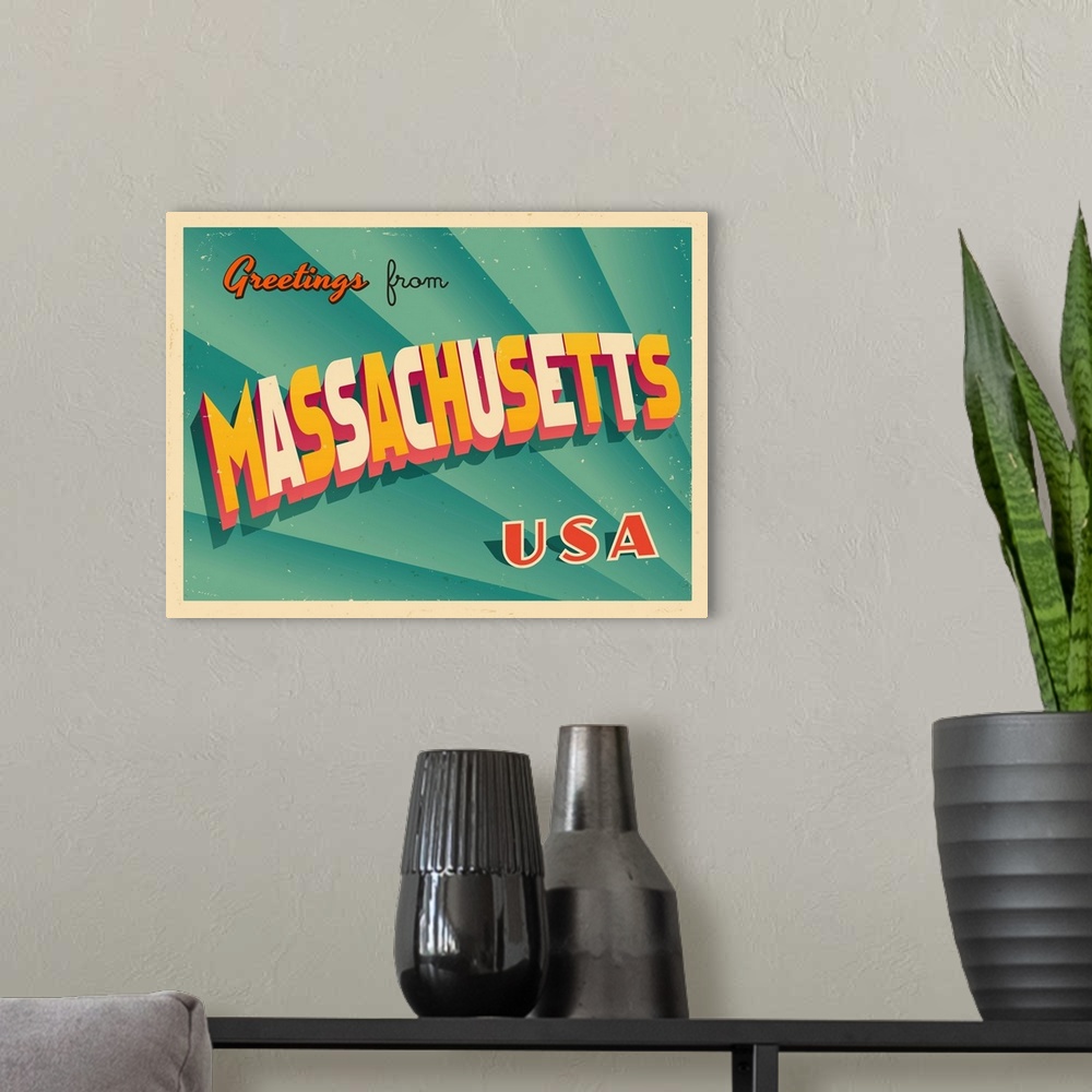 A modern room featuring Vintage touristic greeting card - Massachusetts.