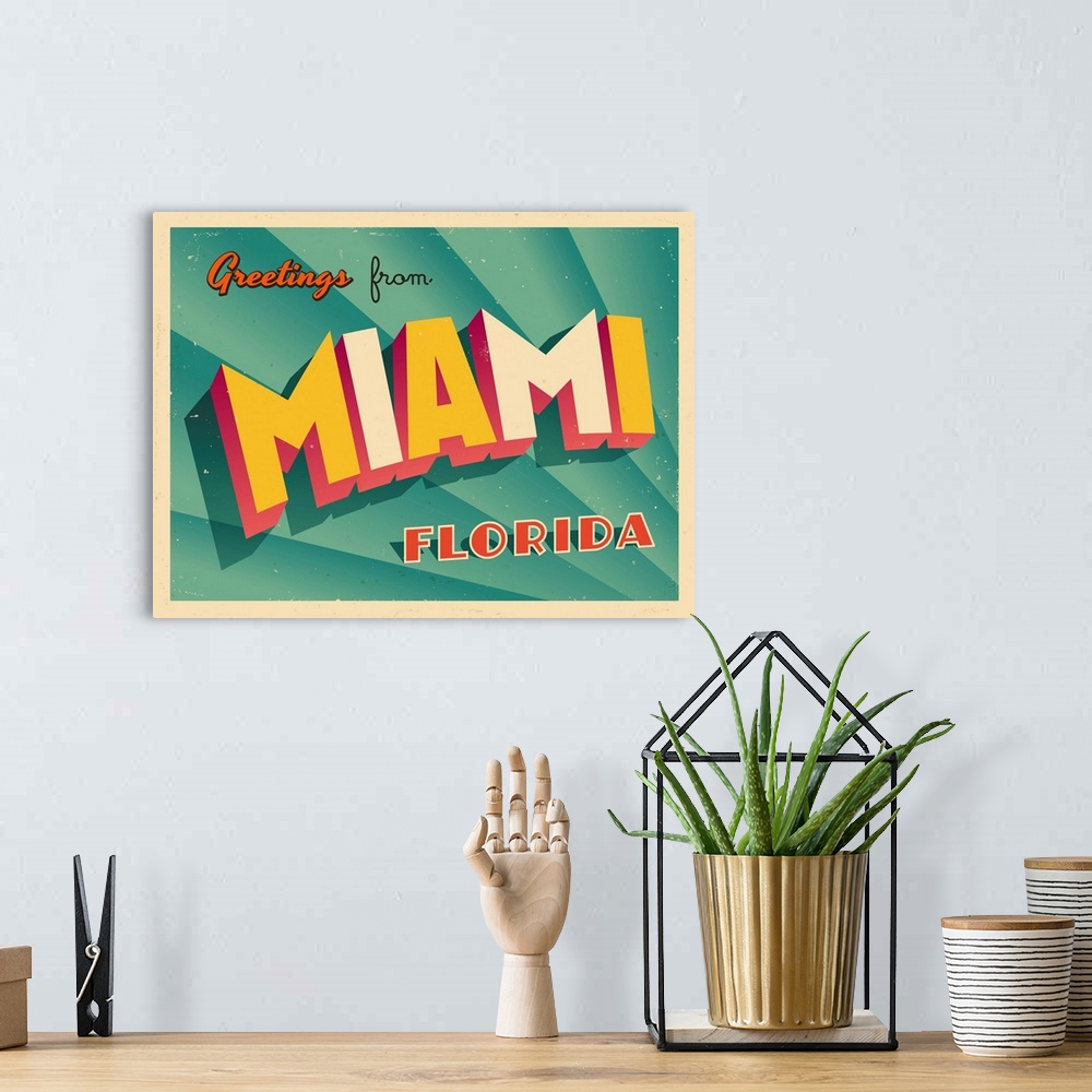 A bohemian room featuring Vintage touristic greeting card - Miami, Florida.