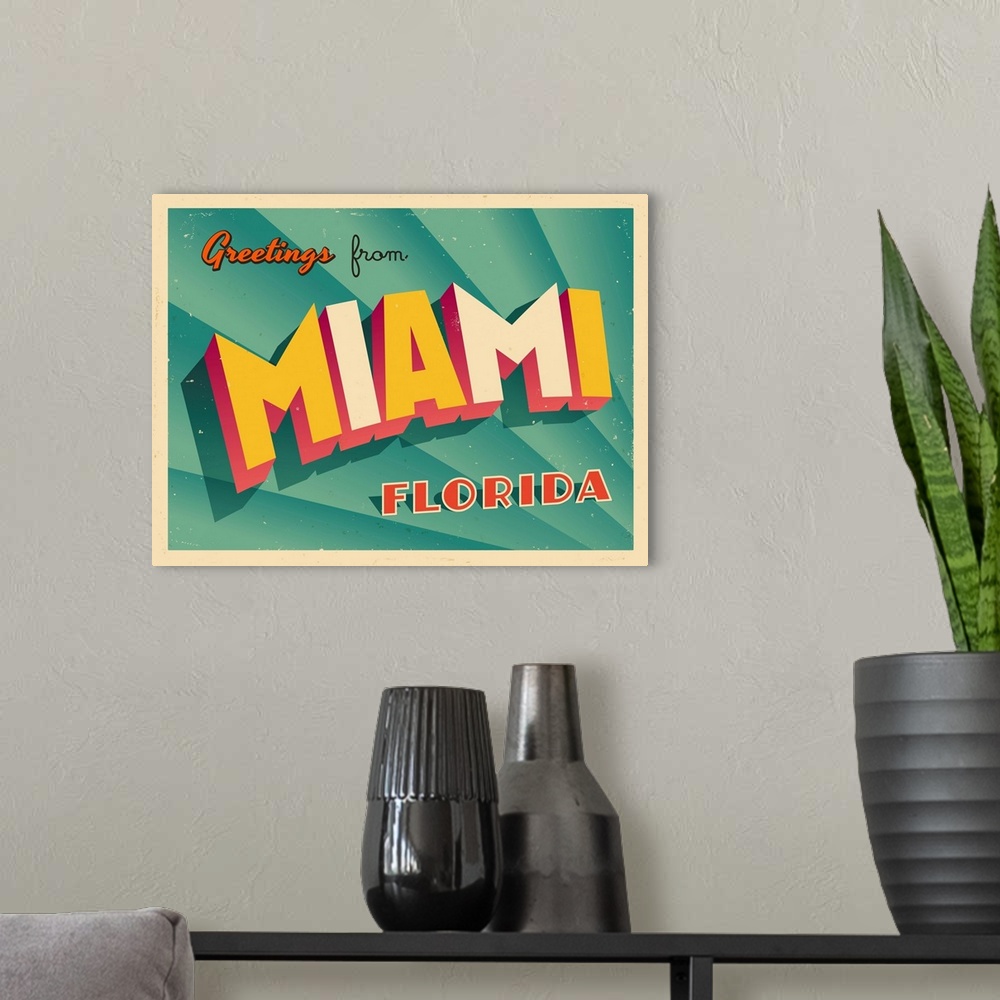 A modern room featuring Vintage touristic greeting card - Miami, Florida.