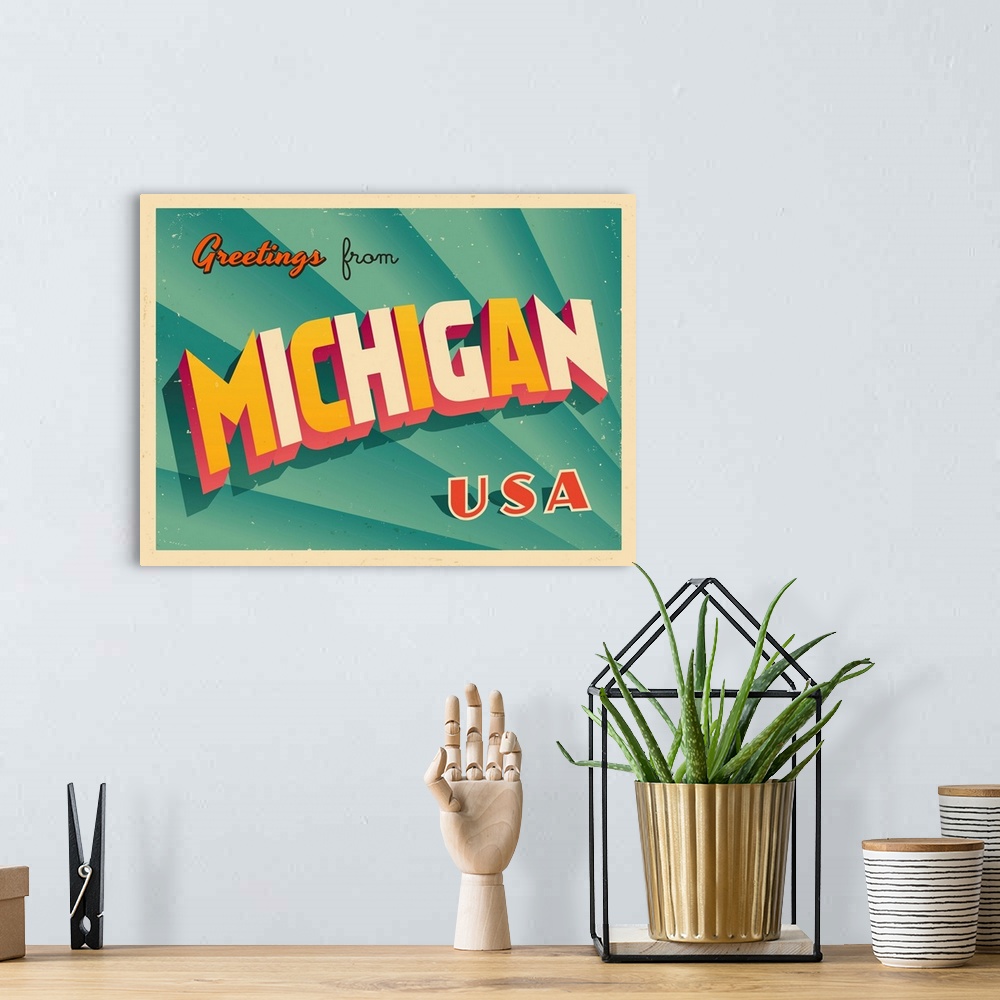 A bohemian room featuring Vintage touristic greeting card - Michigan.