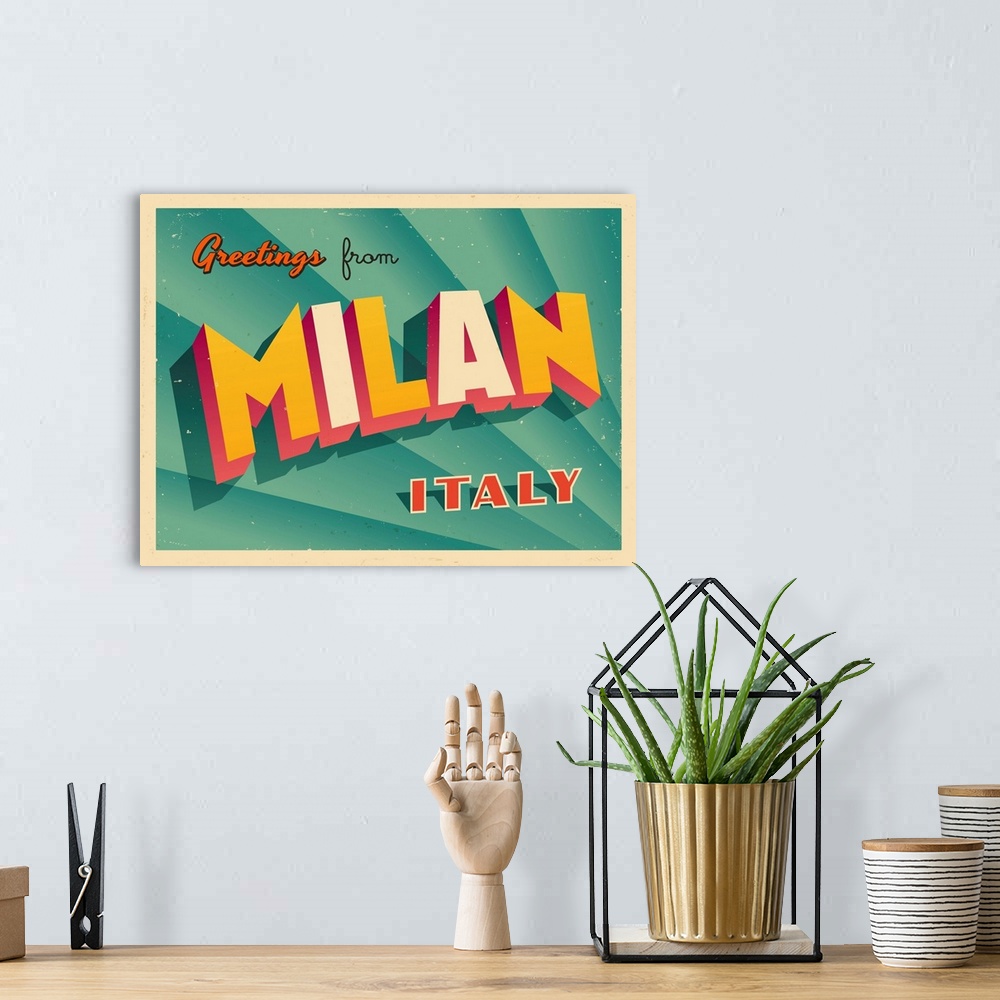 A bohemian room featuring Vintage touristic greeting card - Milan, Italy.