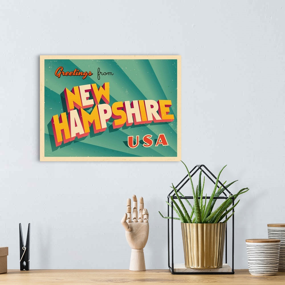 A bohemian room featuring Vintage touristic greeting card - New Hampshire.