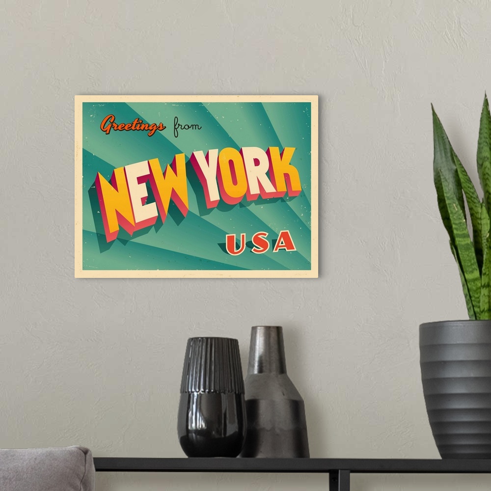 A modern room featuring Vintage touristic greeting card - New York.